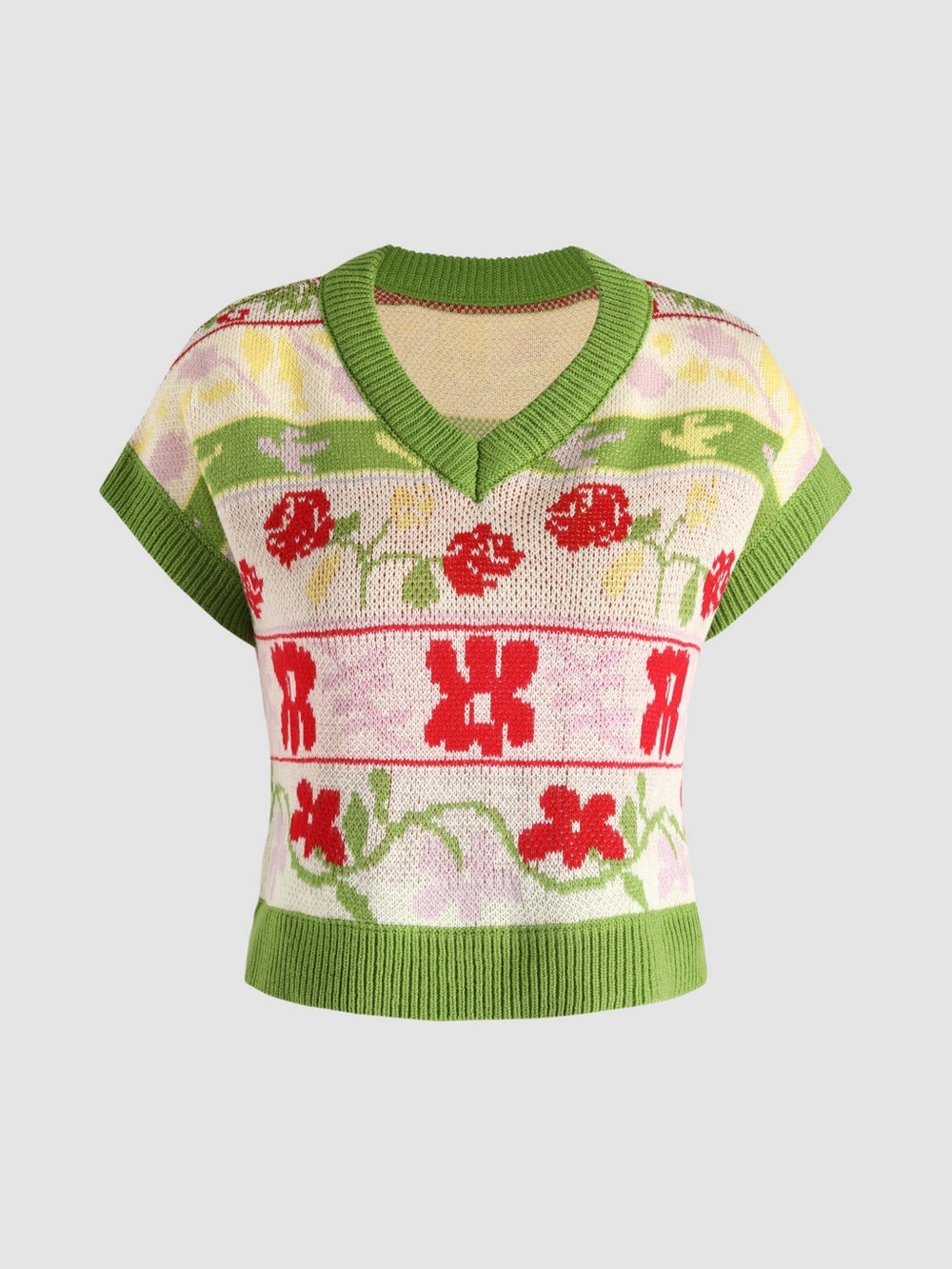 Cider V-Neck Floral Knit with Green Trim